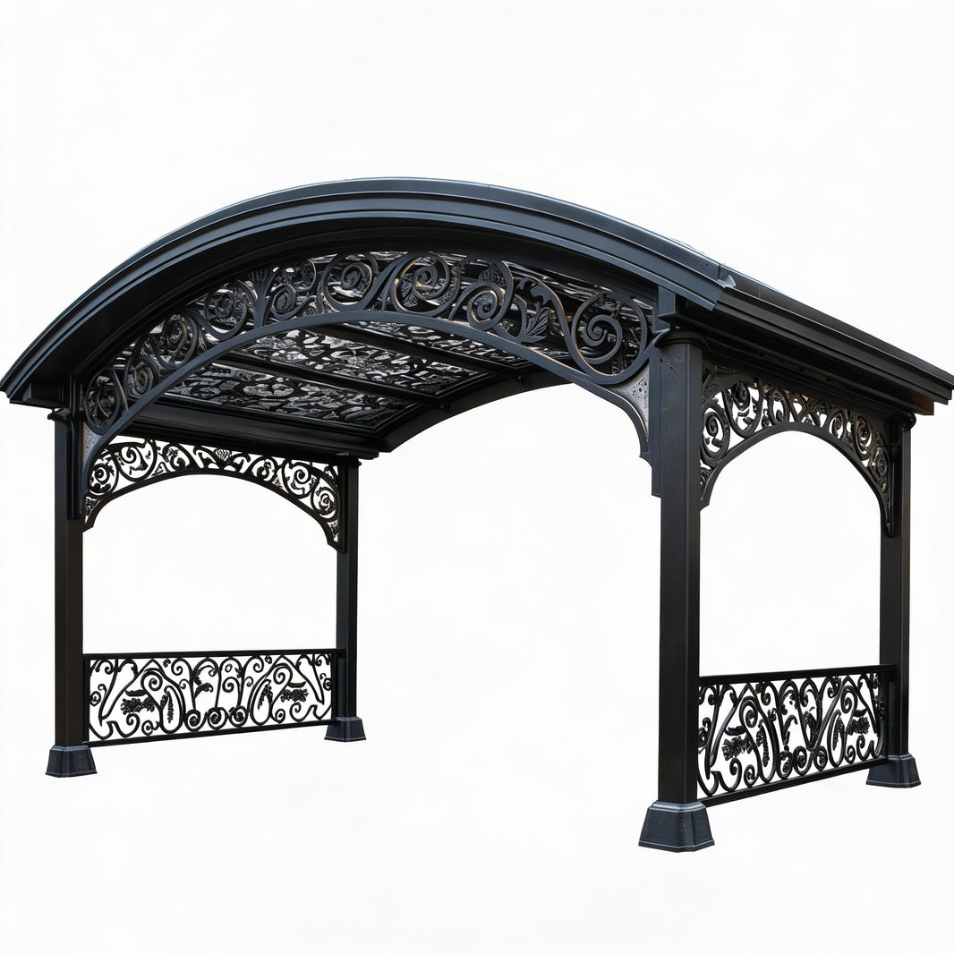 Ornamental steel pergola with scrollwork roof and decorative arches
