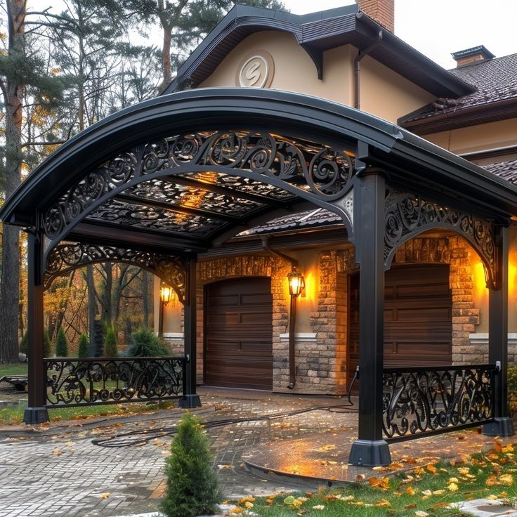 Side angle of decorative steel pavilion featuring scrollwork panels