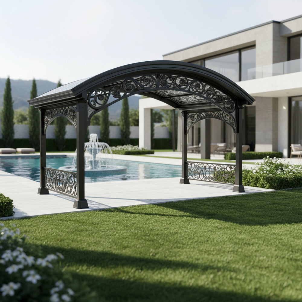 Close‑up of ornate steel scrollwork and arched framing