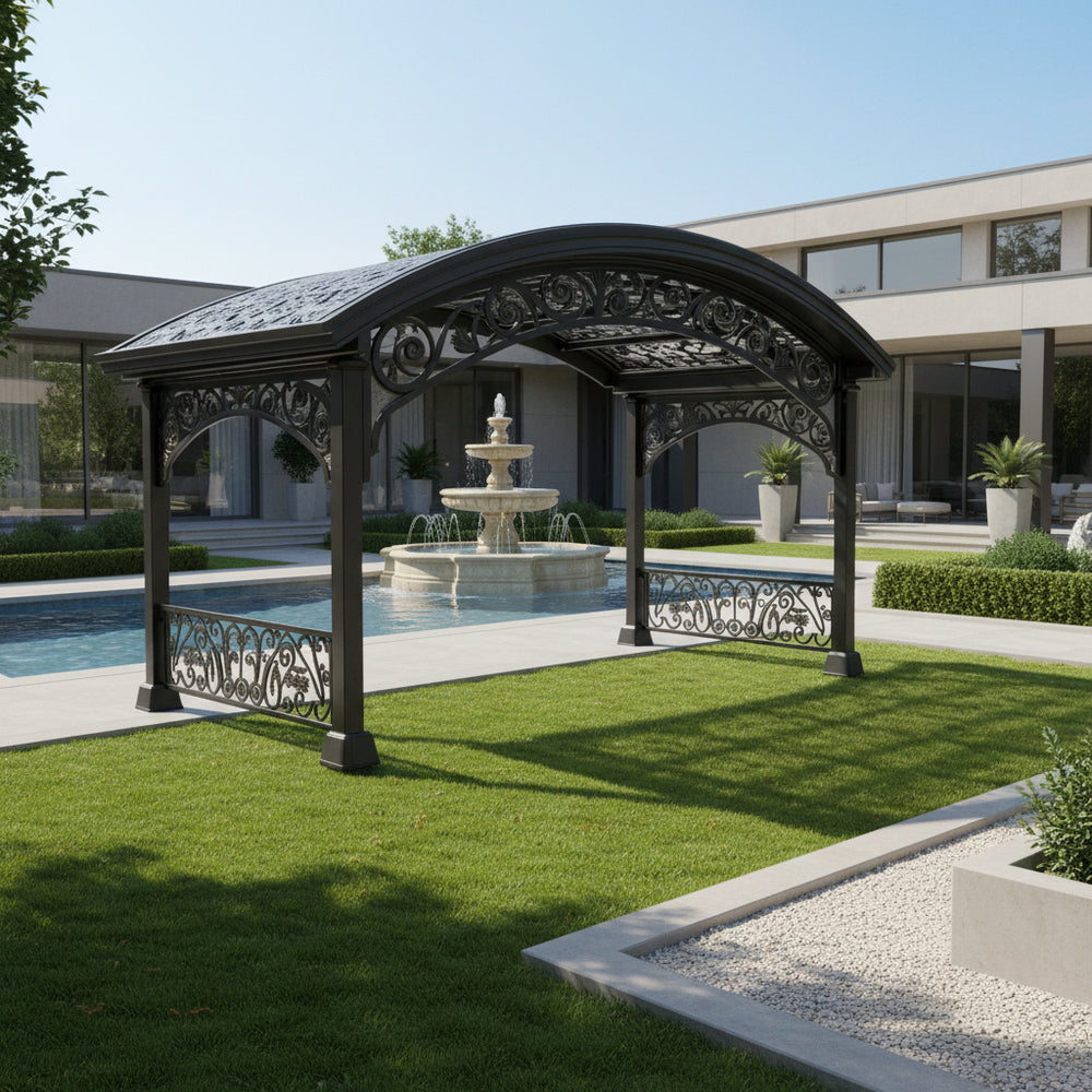 Full product view of ornamental pergola with classical design