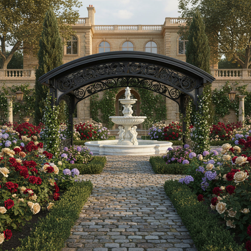 Ornate garden archway with a fountain in front of a classical building