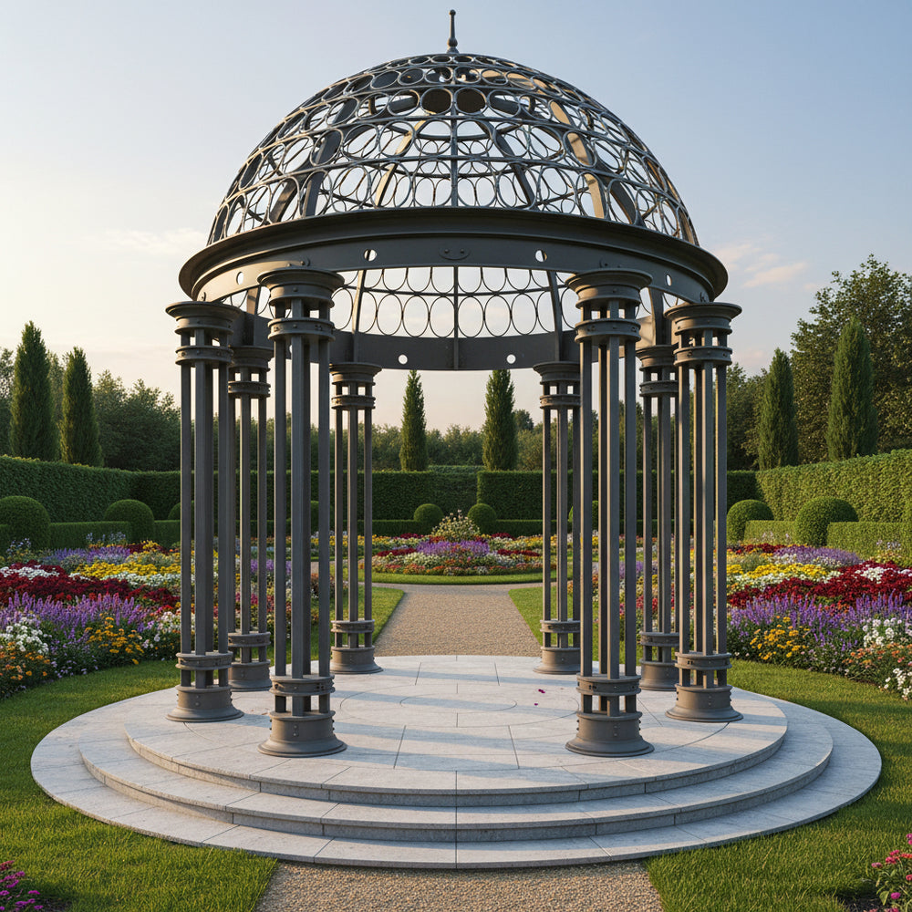 Decorative metal gazebo in a garden with flowers and trees