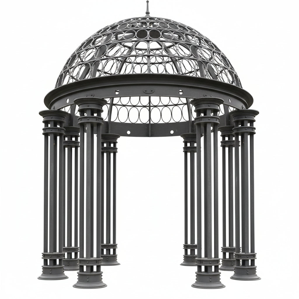 Steel dome pavilion with circular lattice roof and round columns