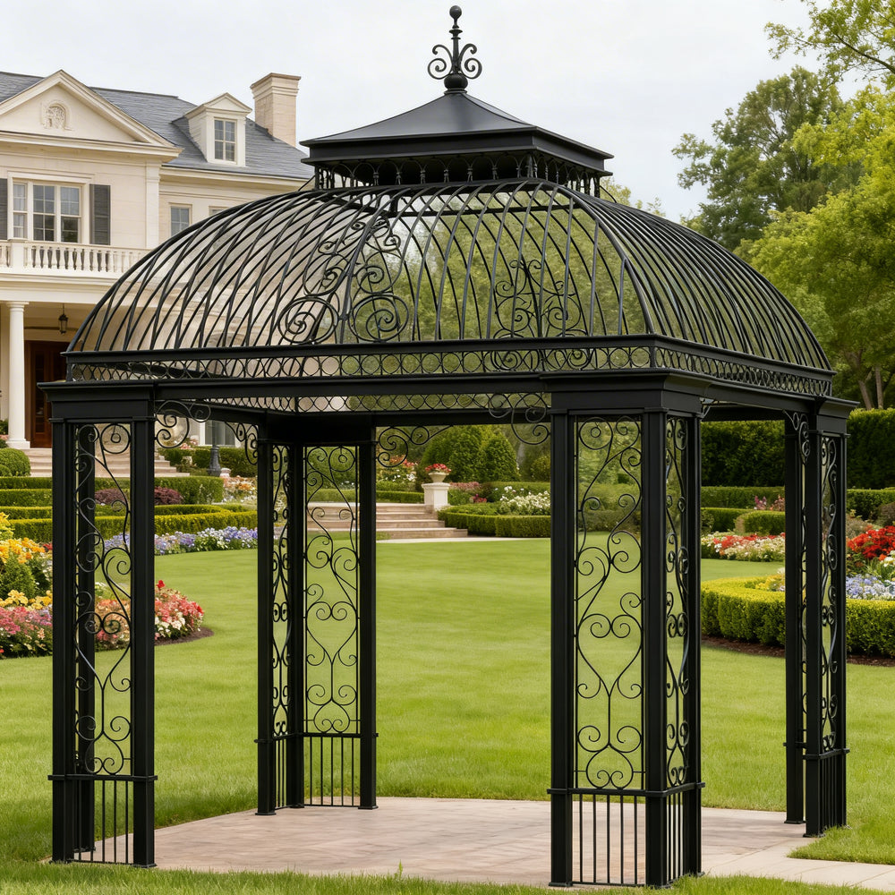 Decorative black metal gazebo in a garden setting with a house in the background