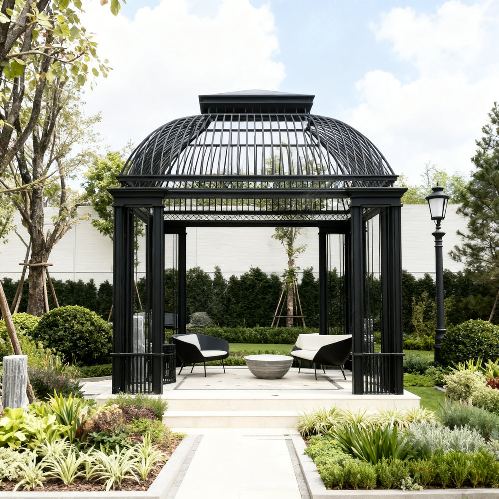 Full product view of square ornamental pergola with crowned roof