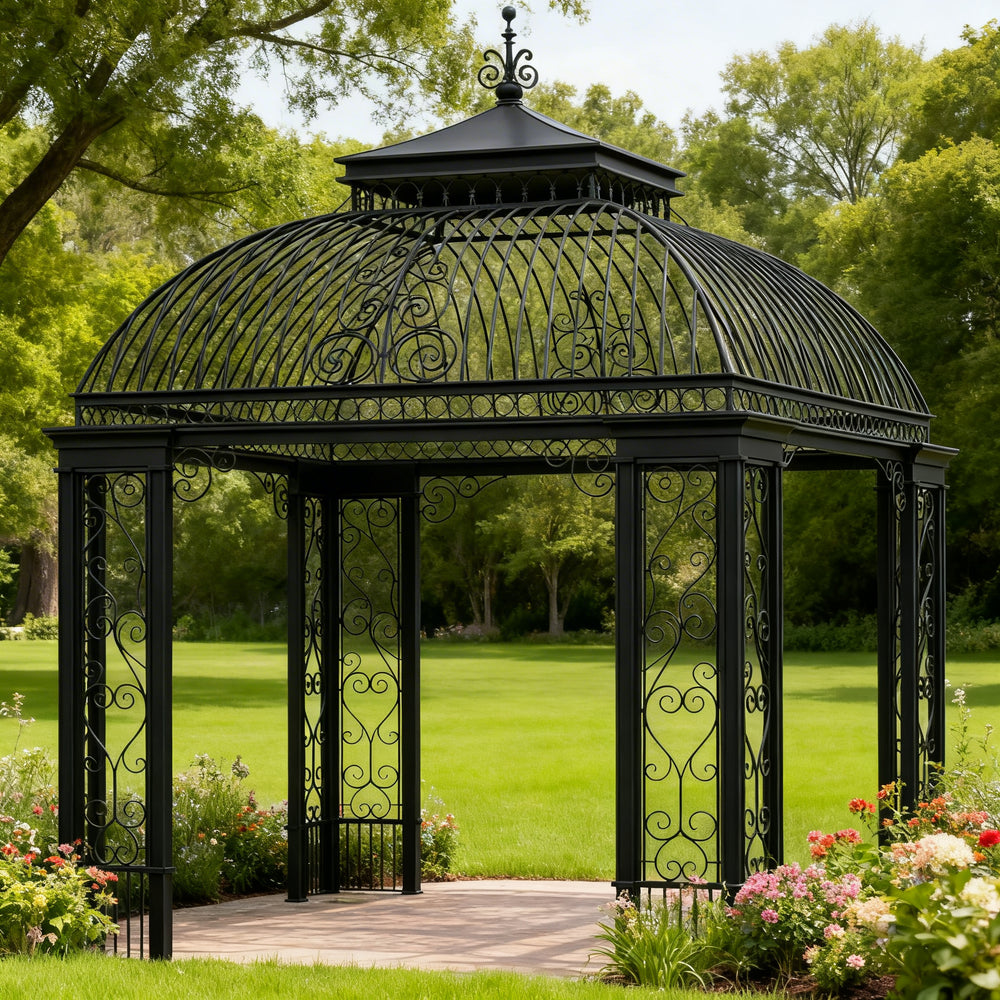 Three‑quarter view of square steel pergola in outdoor setting