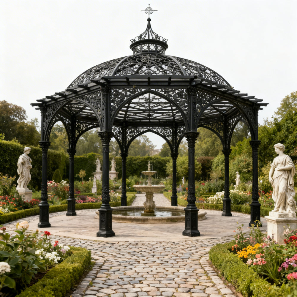 Gothic steel pergola with pointed arches and scrollwork dome roof