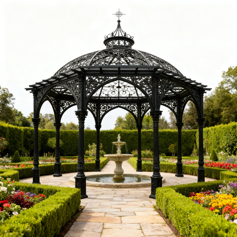 Square Gothic pavilion with slender columns and dome top.