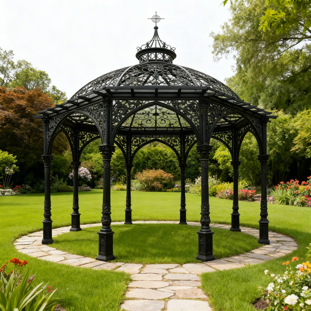 Square Gothic pavilion with slender columns and dome top.