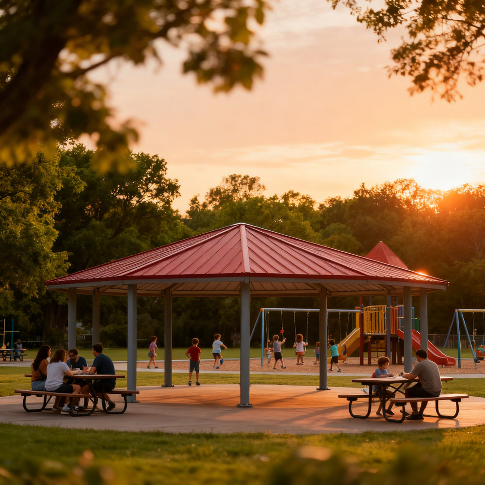 Side angle of dodecagon metal pavilion with red roof and open‑air layout