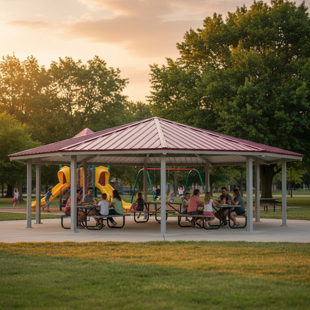 Close‑up of steel roof panels and structural columns on large pavilion