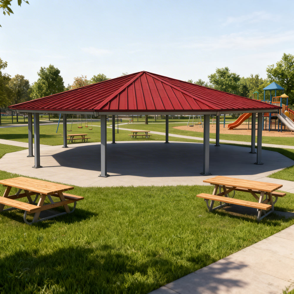 Three‑quarter view of large steel pavilion with red roof and grey columns.