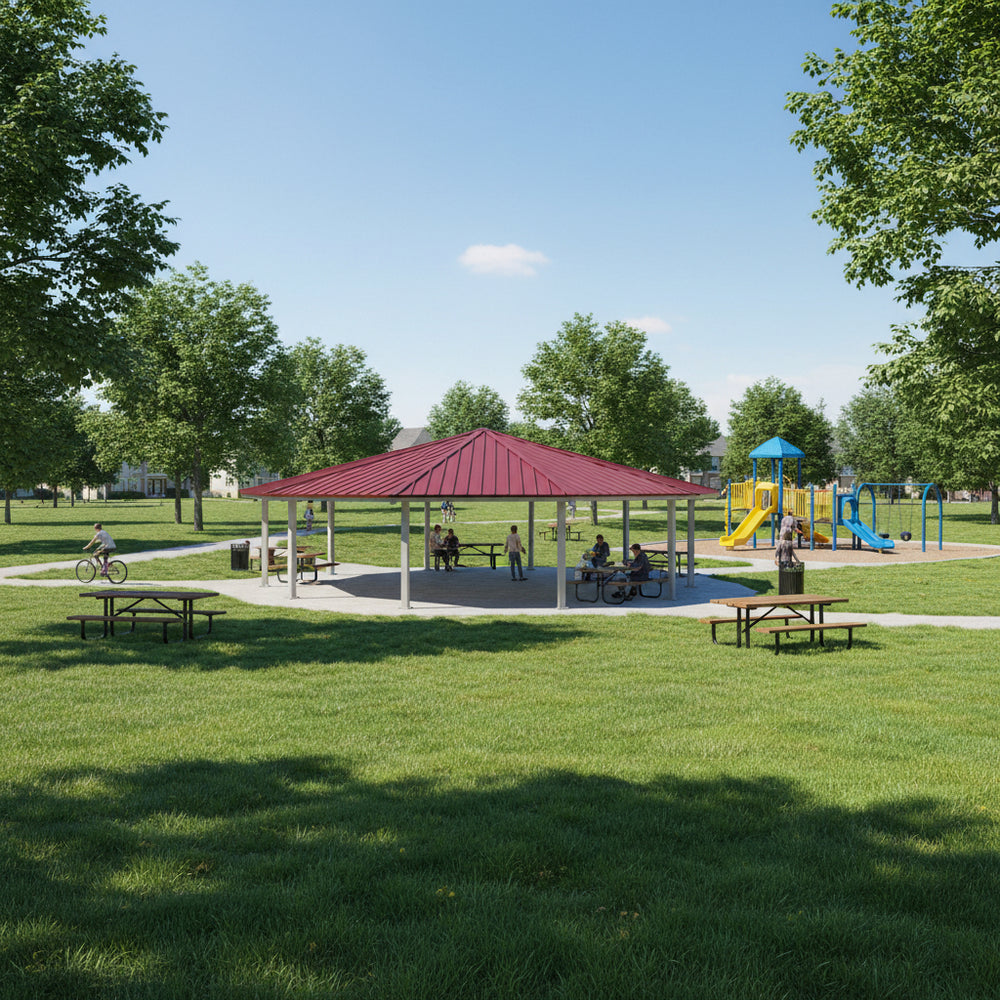 Three‑quarter view of large steel pavilion with red roof and grey columns.