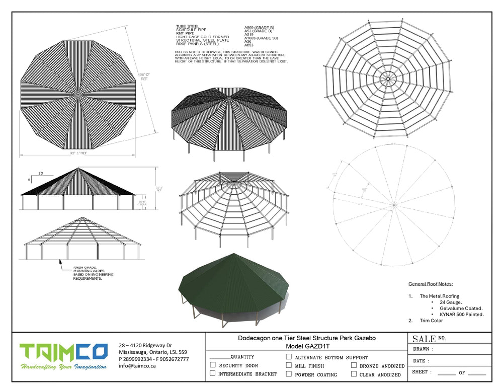 Outdoor architectural pavilion with red metal roof and dodecagon frame.