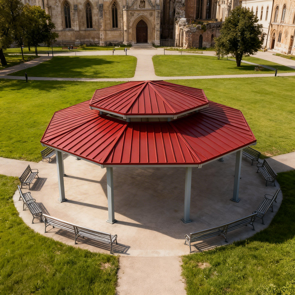 Two‑tier large‑span steel pavilion photographed on light‑colored surface
