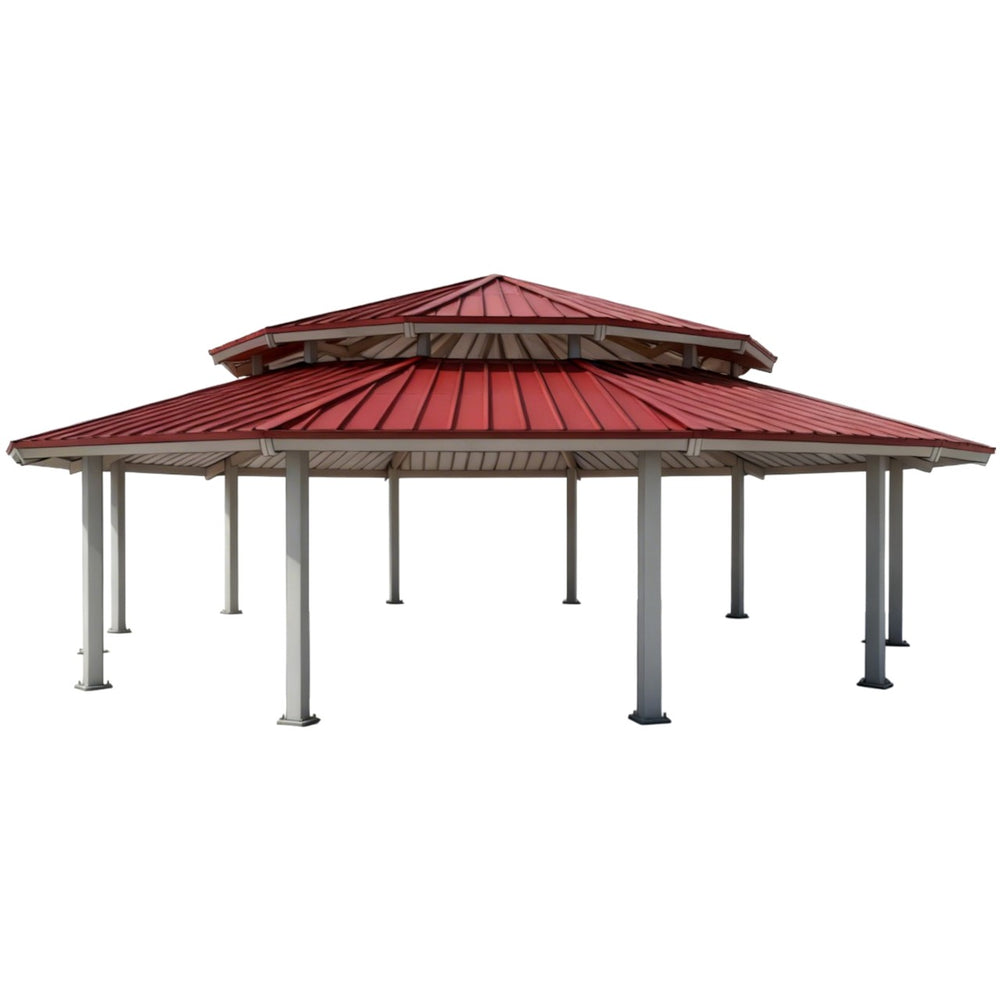 Large dodecagon two‑tier steel pavilion with red metal roof and multiple support column