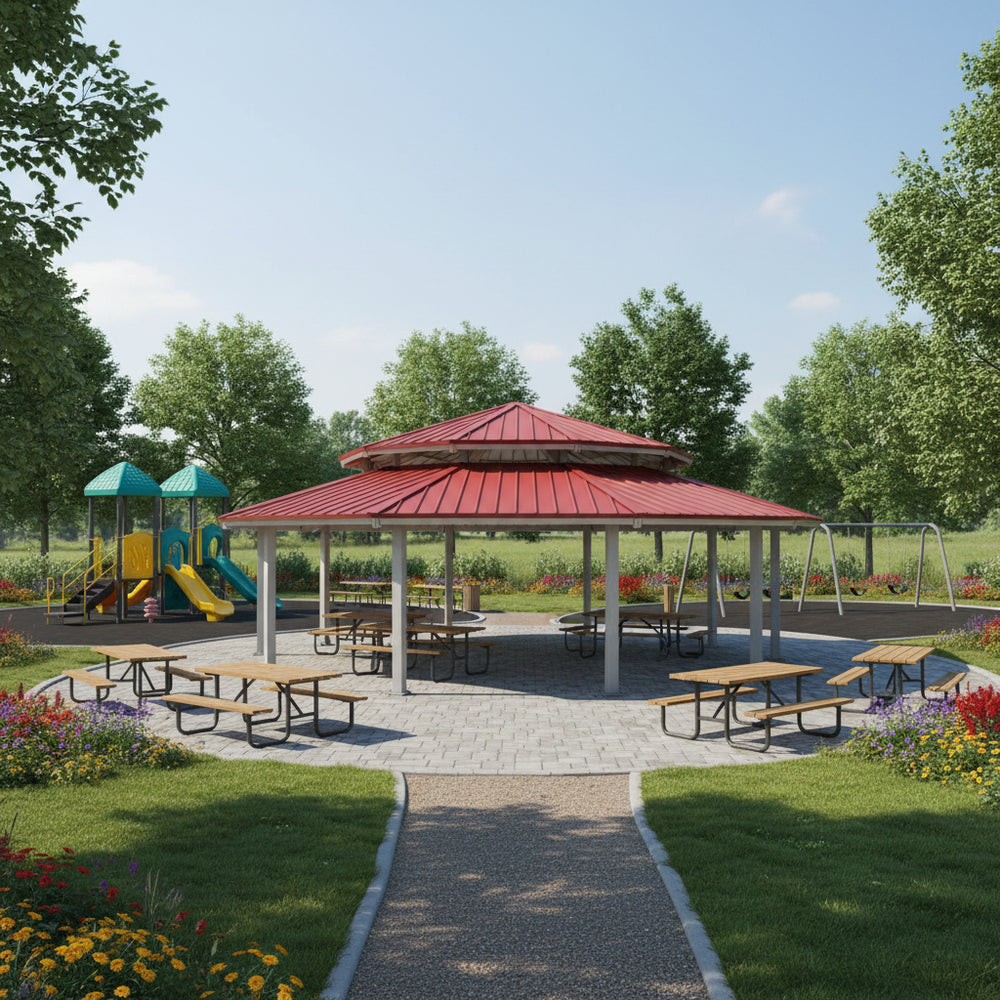 Side angle of dodecagon metal pavilion with red roof and open‑air layout