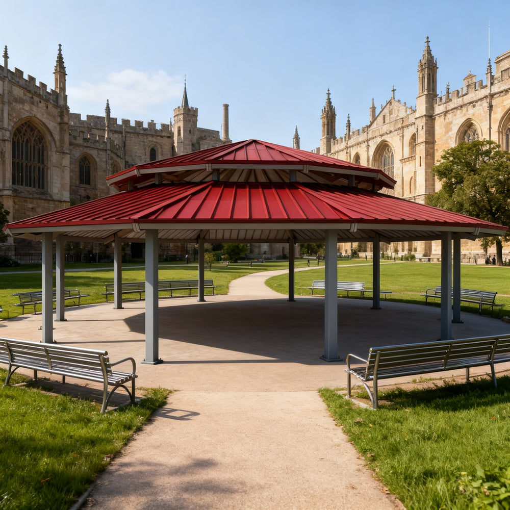 Outdoor architectural pavilion with red metal roof and dodecagon steel frame