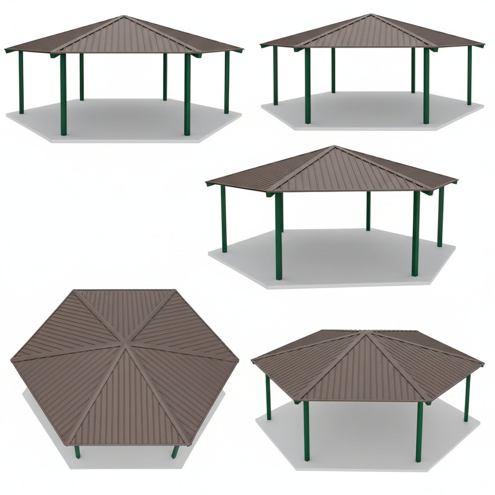 Wide-angle view of hexagon steel gazebo installed outdoors on a flat surface