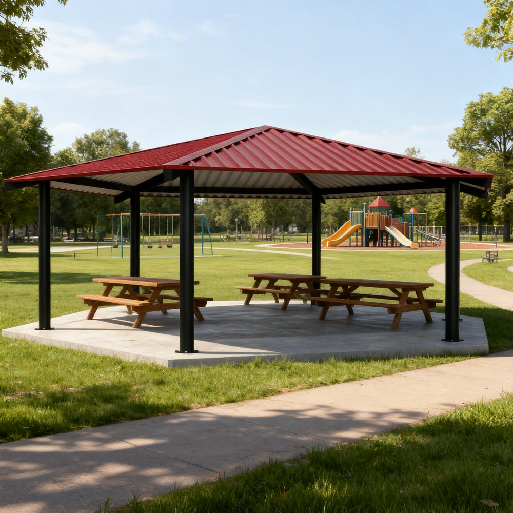 Perspective view of hexagon gazebo emphasizing sturdy steel construction and modern design