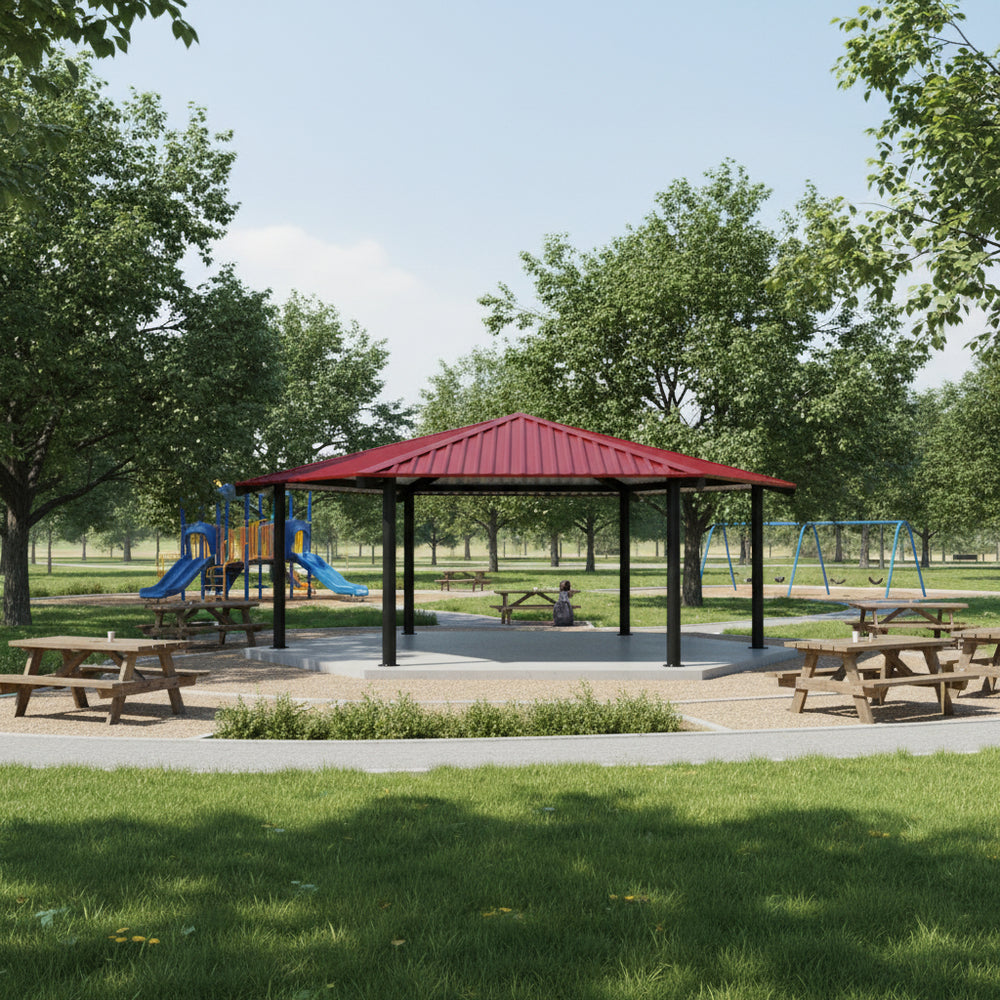 Hexagon steel gazebo photographed in natural daylight with visible roof texture