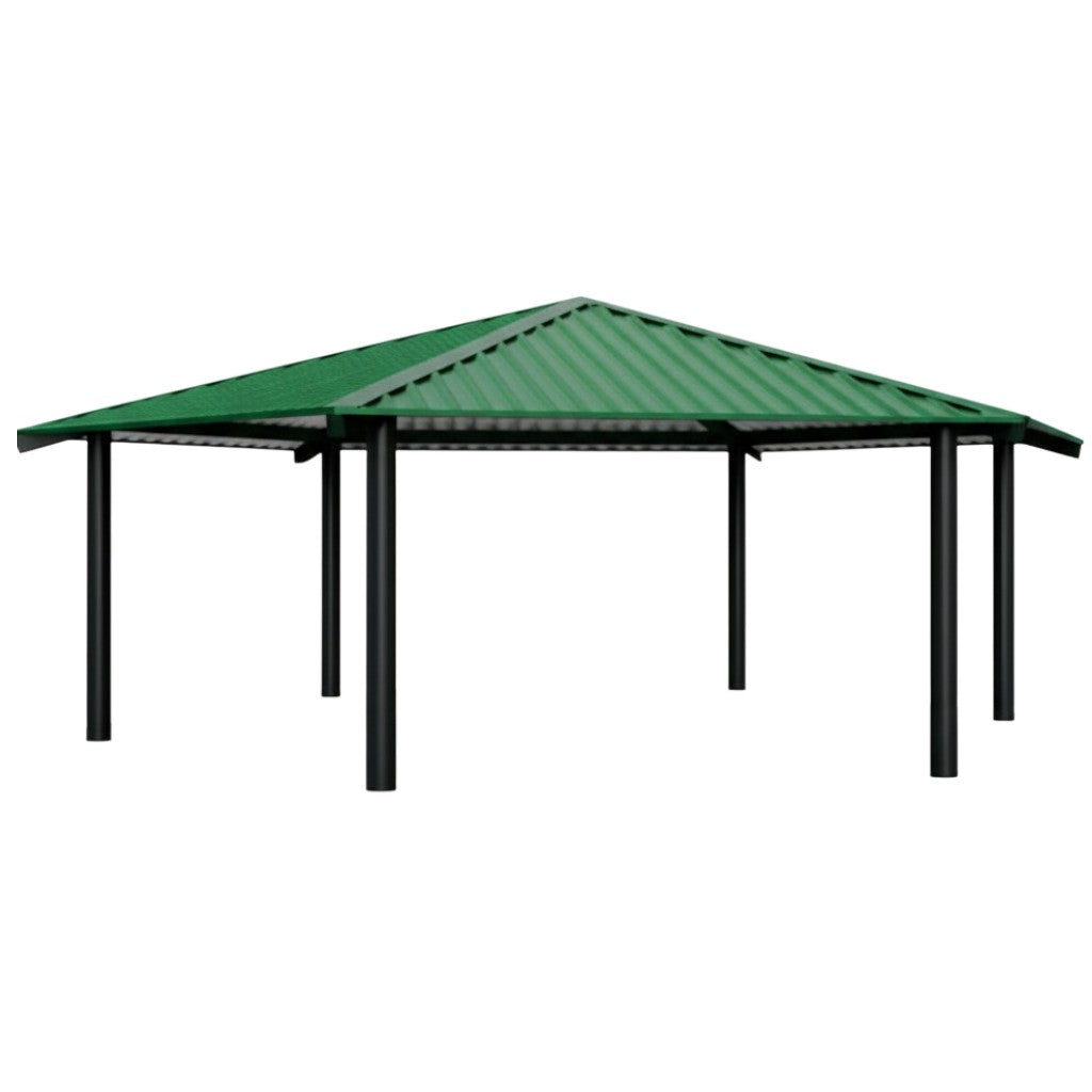 Front view of hexagon steel park gazebo with one‑tier roof and open‑air metal frame.