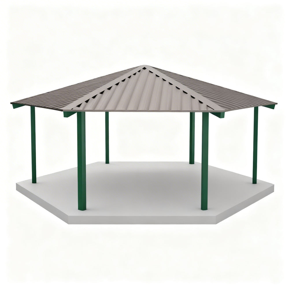 Hexagon one‑tier steel park gazebo with a modern metal frame, open‑air design, and durable steel roof, shown in a clean product view