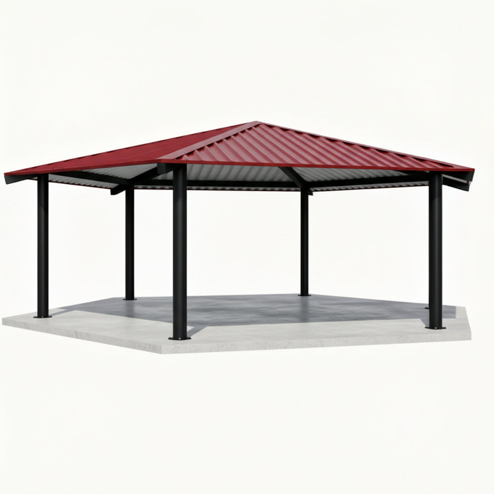 Top-down perspective of one‑tier hexagon gazebo highlighting the geometric roof design.
