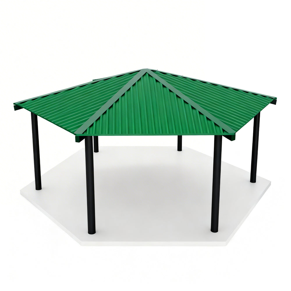 Green hexagonal gazebo with black legs on a white background