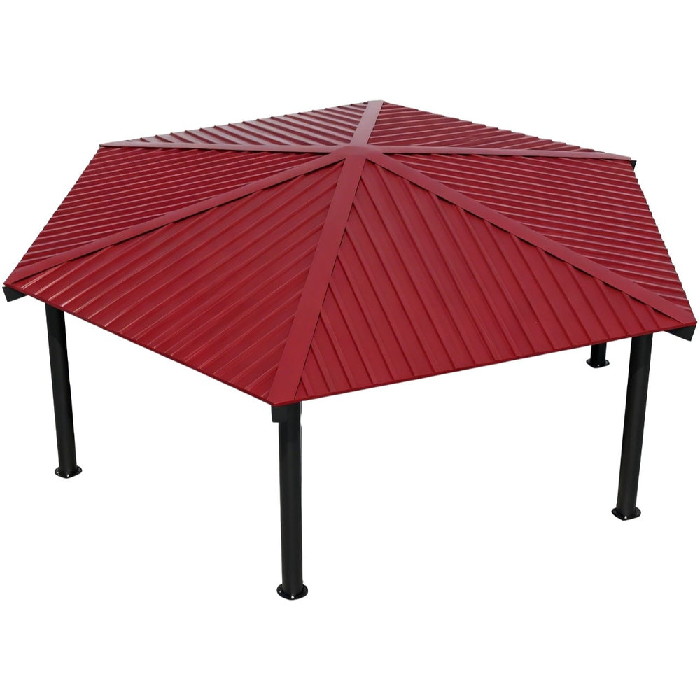 Red patio umbrella with black stand on a white background