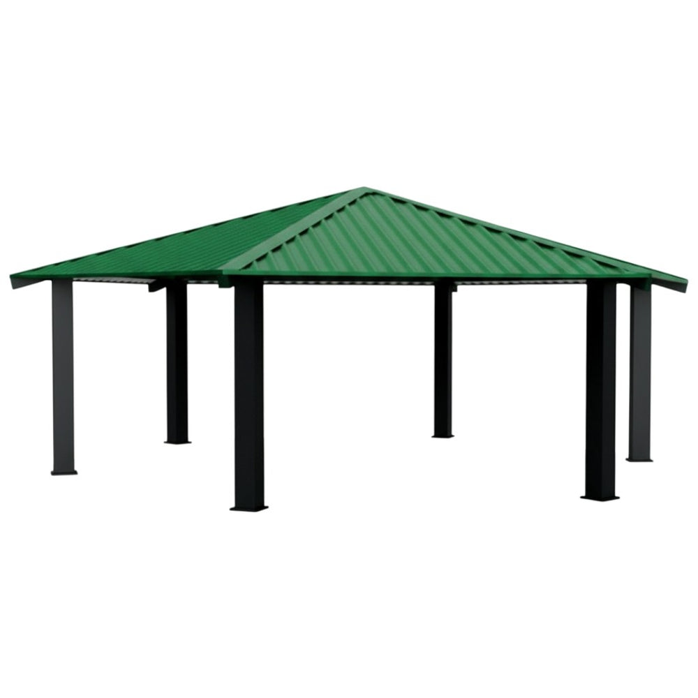 Hexagon one‑tier steel park gazebo with a modern metal frame, open‑air design, and durable steel roof, shown in a clean product view
