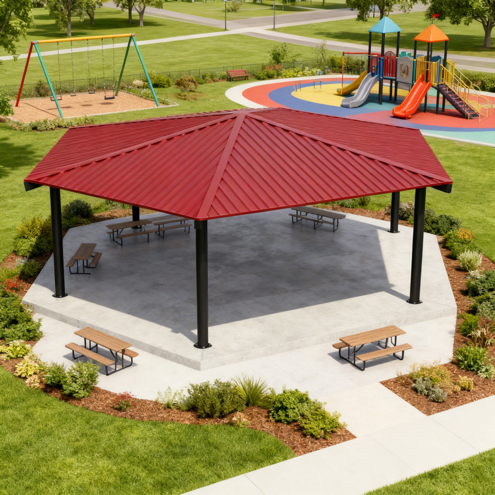 Close-up of steel roof panels and structural joints on hexagon park gazebo