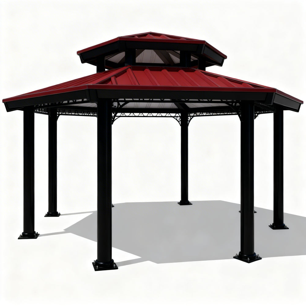 Hexagonal gazebo with red roof and black frame on a white background