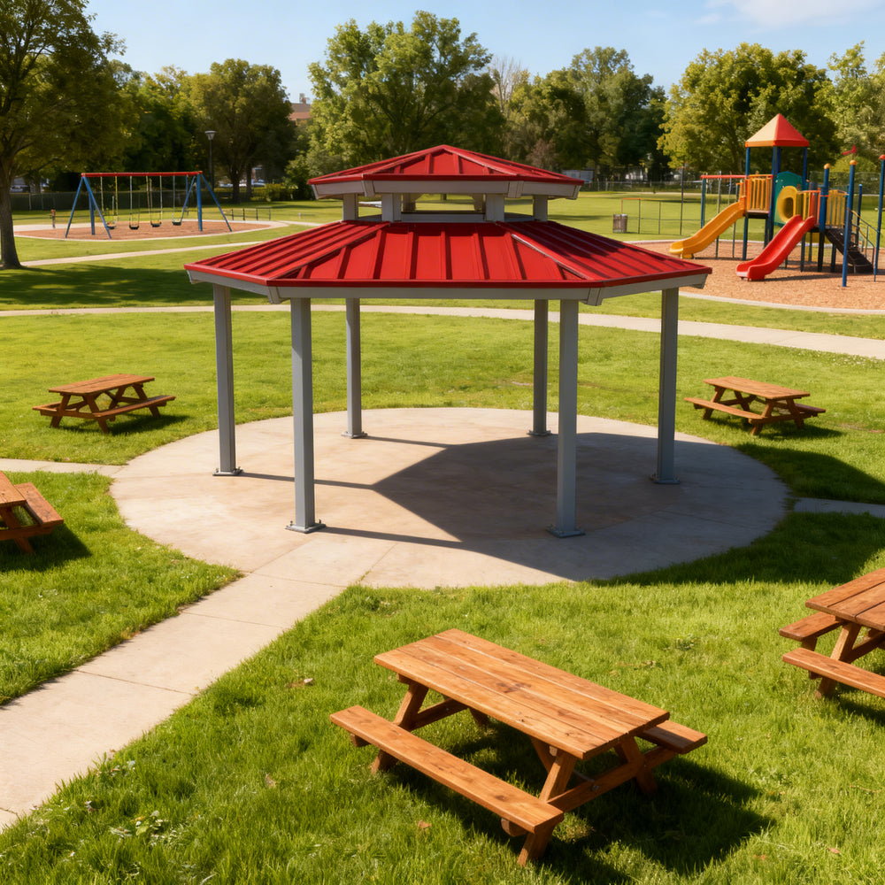 Close‑up of upper vented tier and decorative steel lattice on gazebo