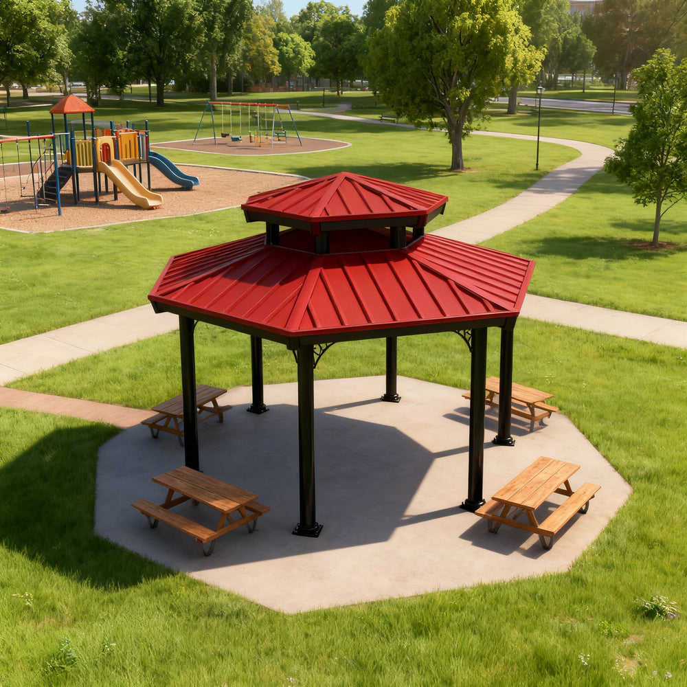 Hexagon two‑tier steel gazebo with vented upper roof and decorative metal bracing