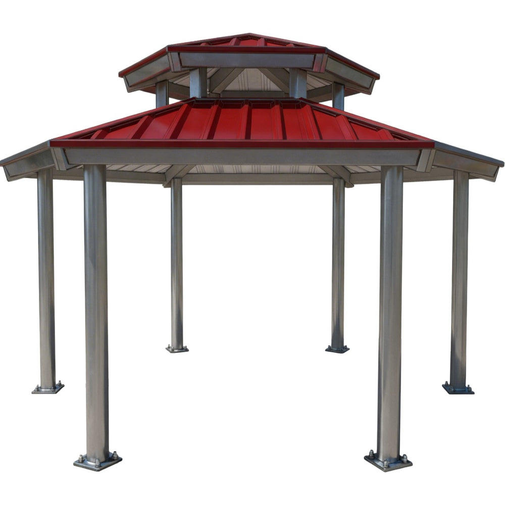 Hexagonal gazebo with a red roof on a white background