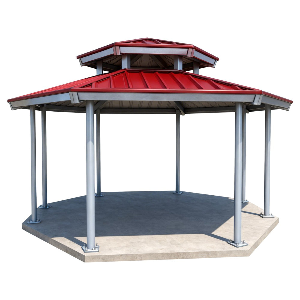 Three‑quarter angle of two‑tier hexagon gazebo showing roof ventilation design.