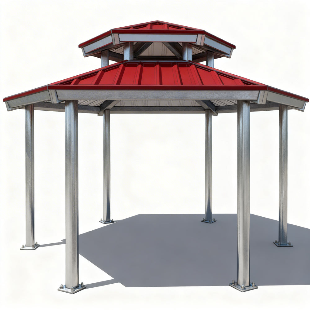 Three‑quarter angle of two‑tier hexagon gazebo showing roof ventilation design.