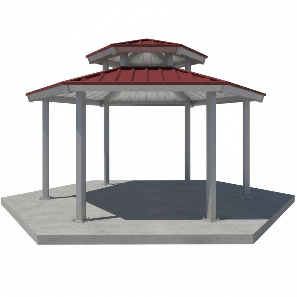 Full product view of two‑tier steel structure gazebo with red metal roof