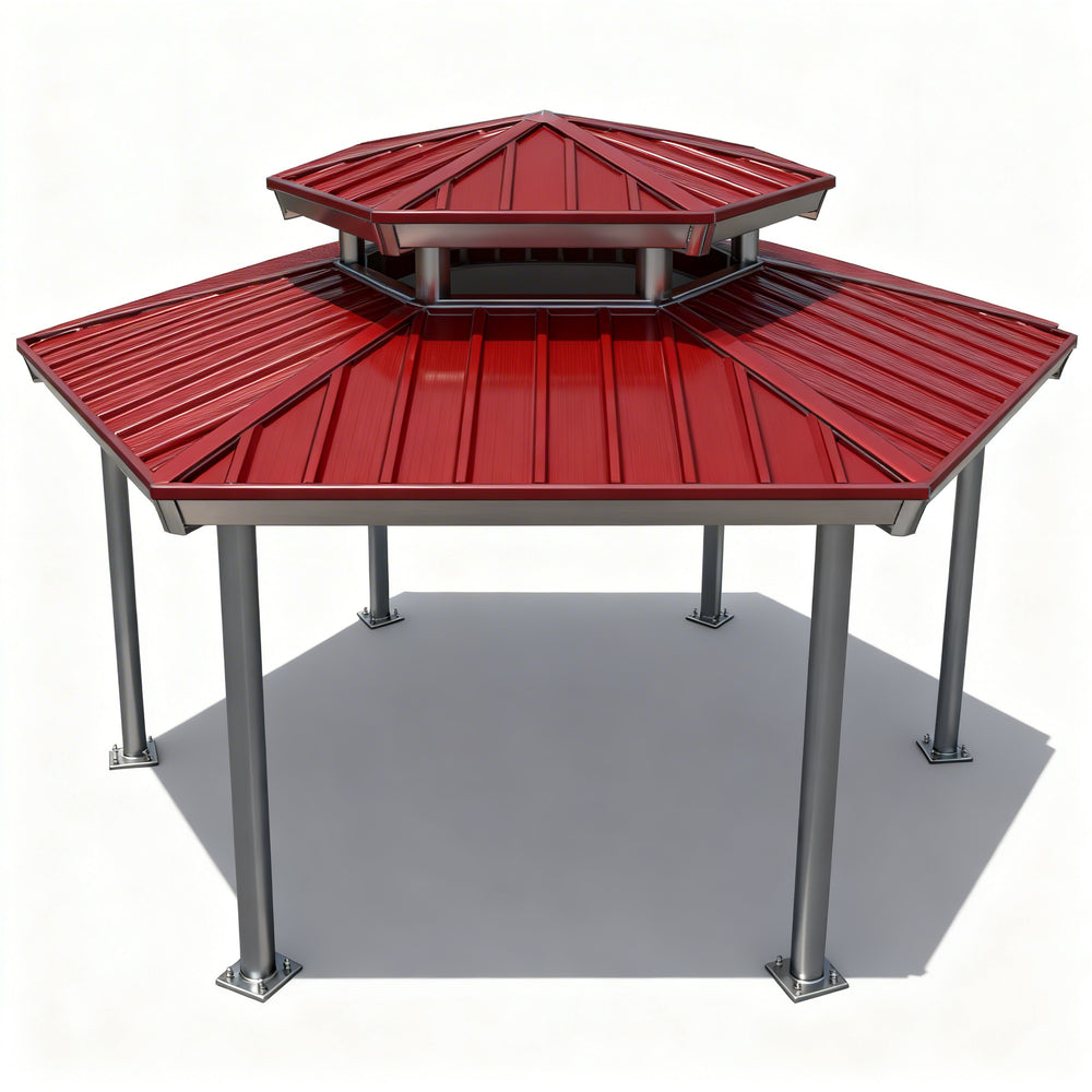 Full product view of two‑tier steel structure gazebo with red metal roof