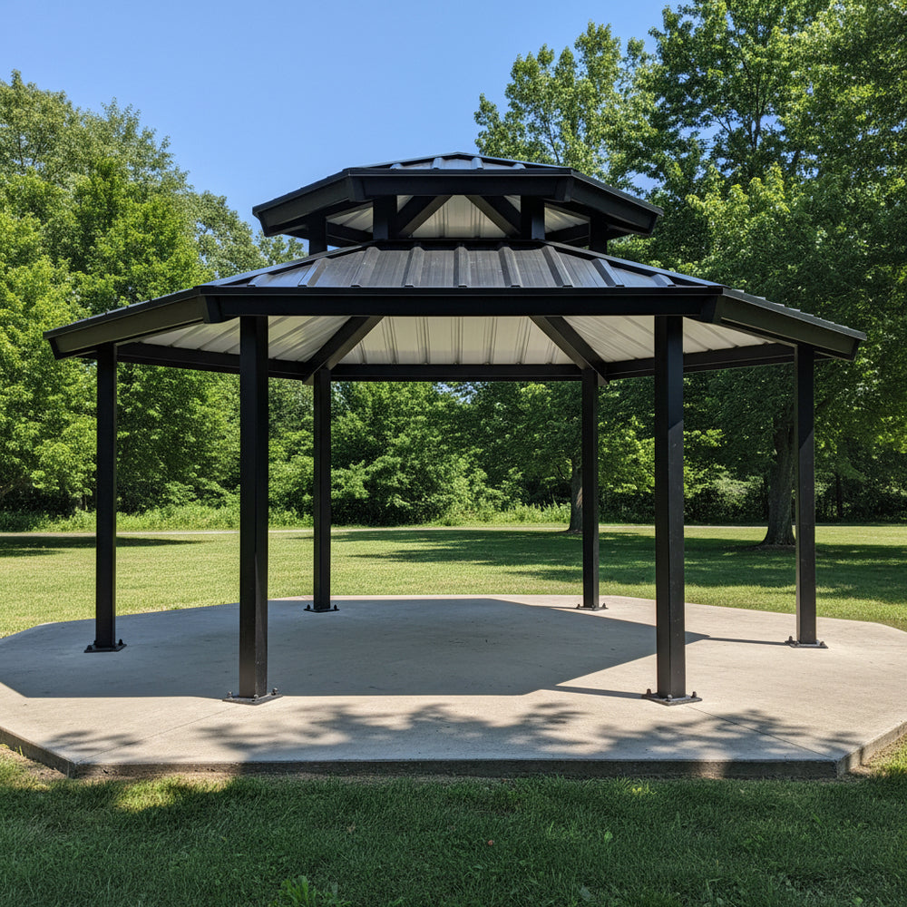 Side angle of hexagon steel gazebo showing sloped red roof panels