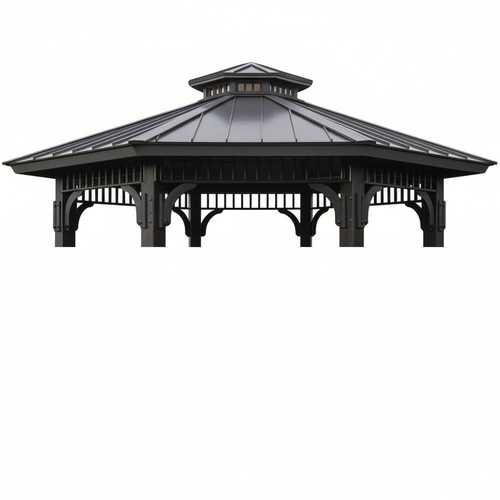 Hexagonal gazebo with a metal roof on a white background