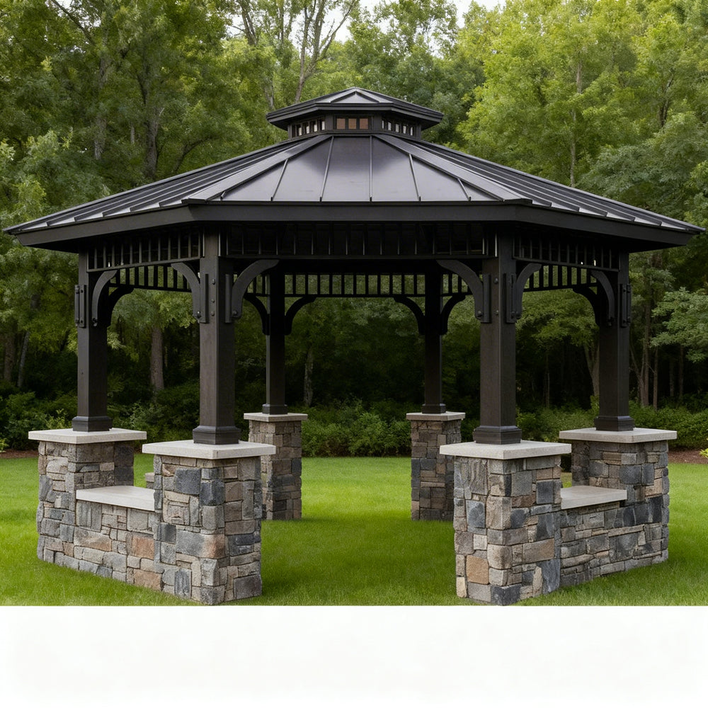 Hexagonal gazebo with stone foundation in a park setting