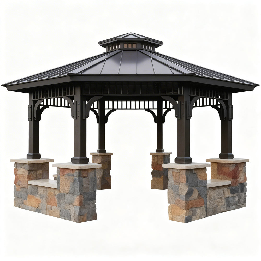 Hexagonal gazebo with stone base on a white background