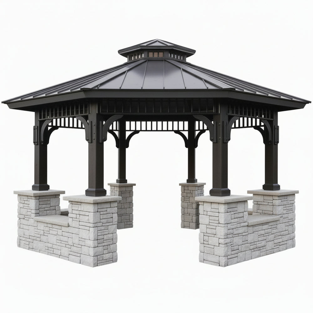 Hexagonal gazebo with stone base on a white background