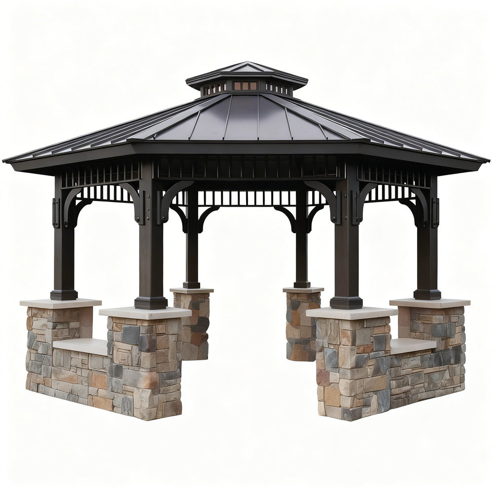 Hexagonal gazebo with stone foundation on a white background