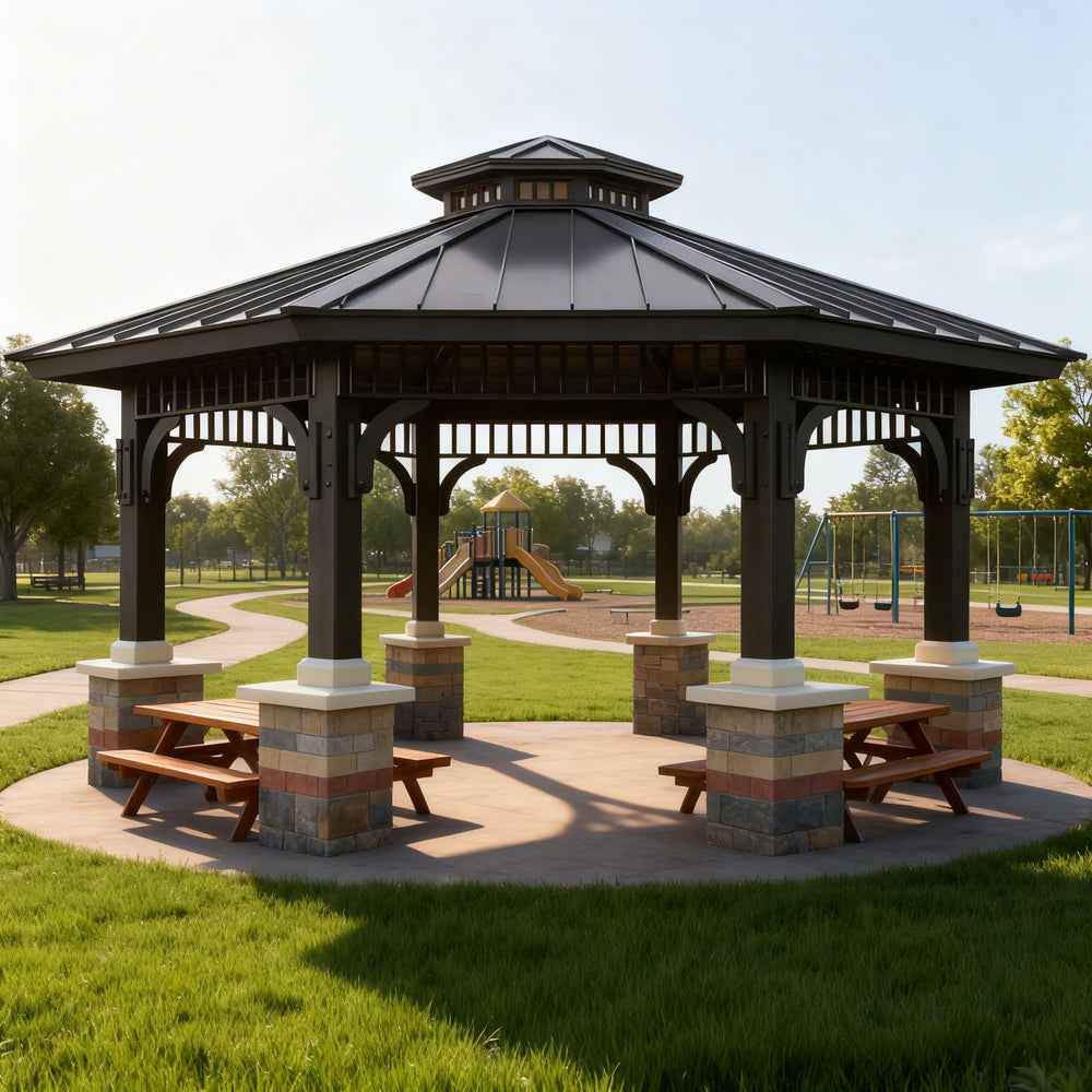 Luxury outdoor gazebo featuring stone pillars, metal roof, and circular firepit seating area