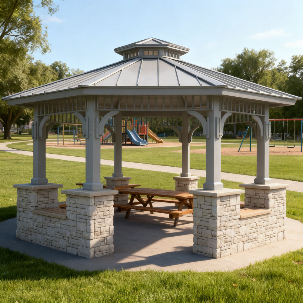 Side angle of deluxe steel gazebo with stone‑clad supports and cushioned seating
