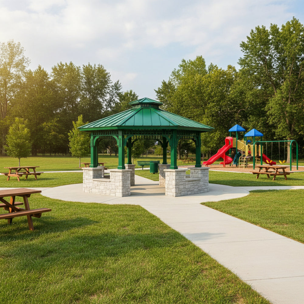 Architectural gazebo with metal roof, stone pillars, and firepit on stone paver flooring