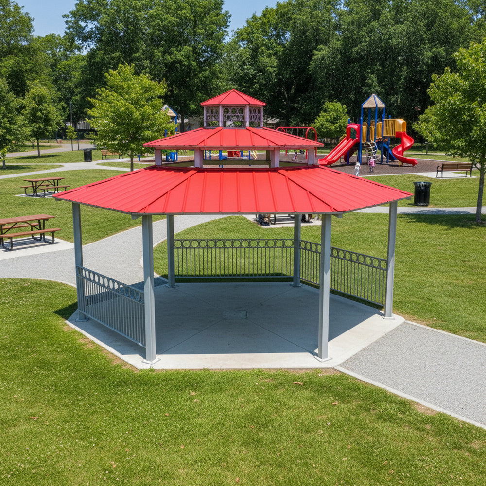 Gazebo with a red roof in a park setting with playground equipment in the background.